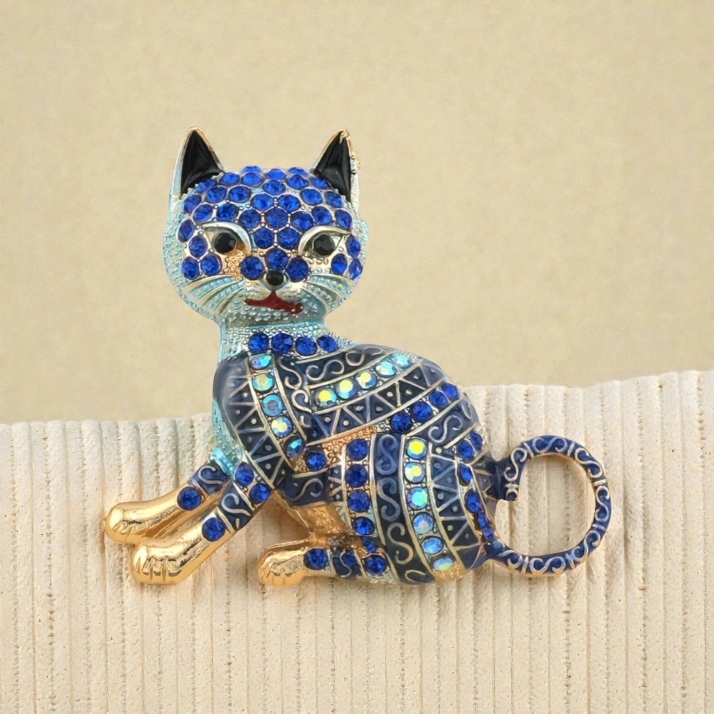 New Large Blue Rhinestone Cat Brooch – 2.36” Statement Pin - Picture 7 of 7